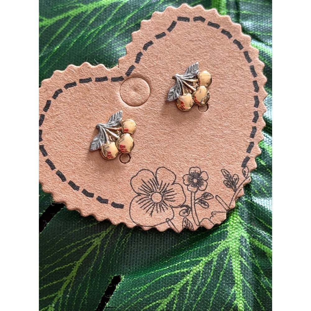 Dainty Gold Tone Cherry Stud Earrings Silver Tone Leaves Fruit Cottagecore - Picture 2 of 5
